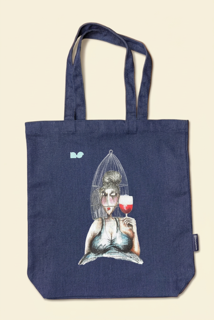Bolso amb dona i gàbia sobre fons ivori