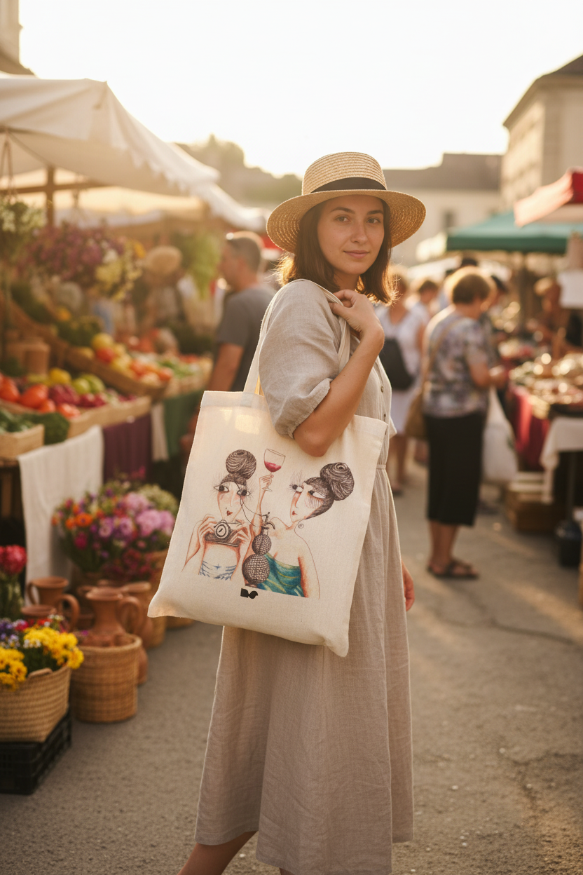 Chica con tote bag sifón en mercadillo