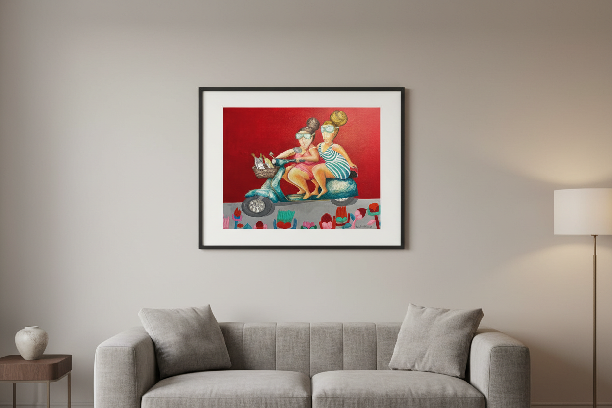 Mockup A3 horizontal - Dos mujeres en Vespa