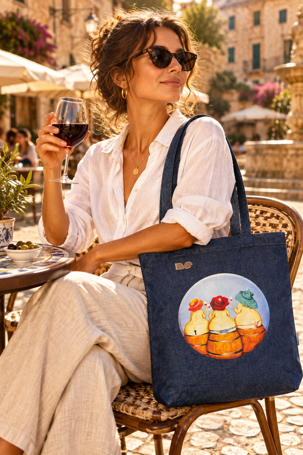 Mockup tote bag - mujer en plaza con vino