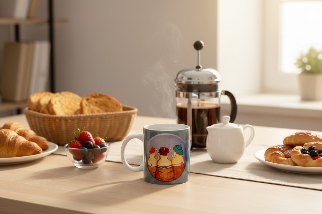 Taza con café y desayuno