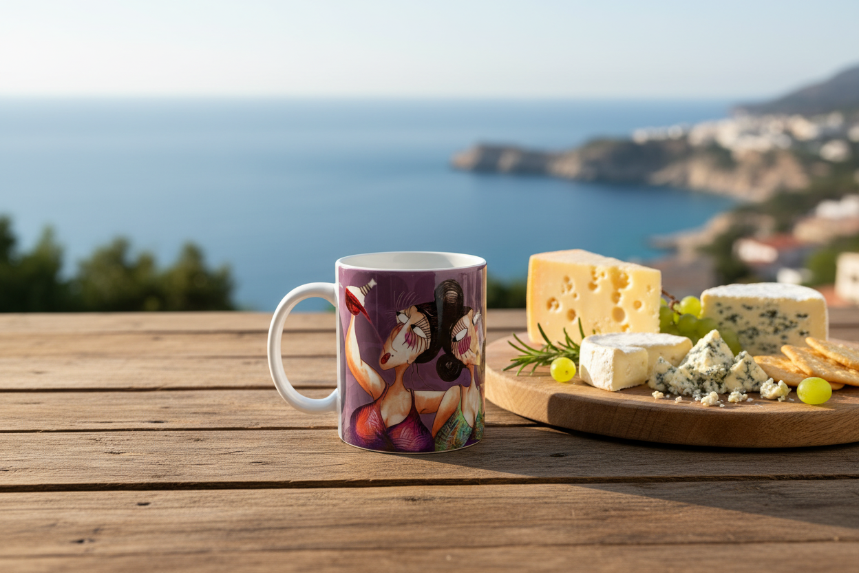 Taza con ilustración, queso y mar de fondo