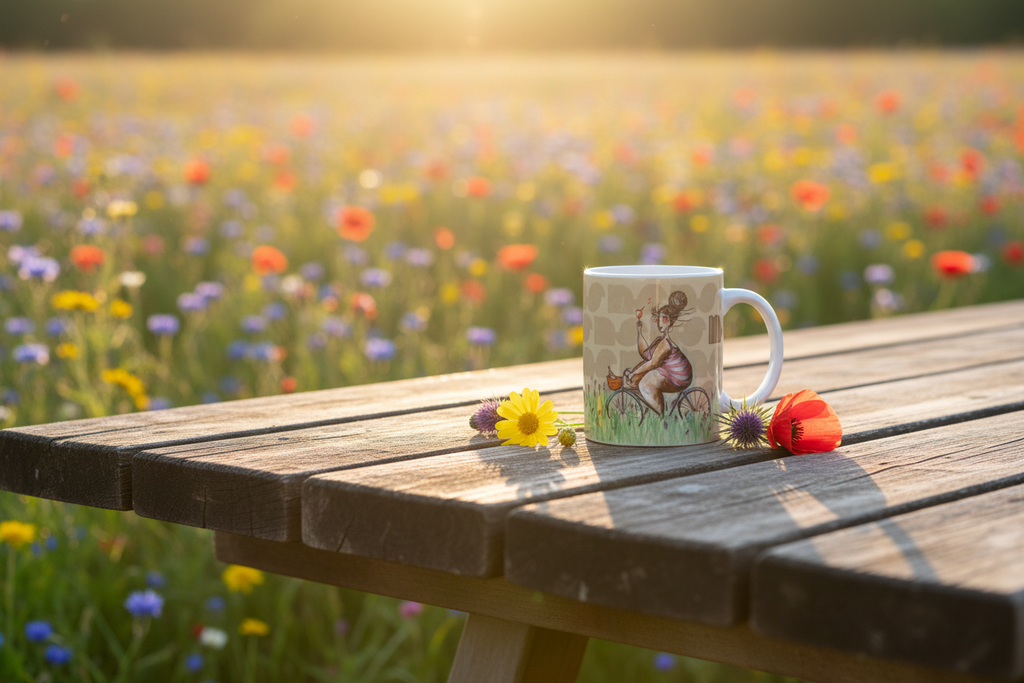 Taza en campo de flores soleado