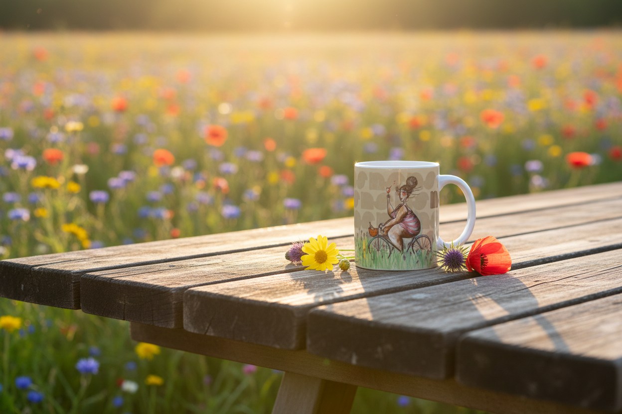 Taza en campo de flores soleado