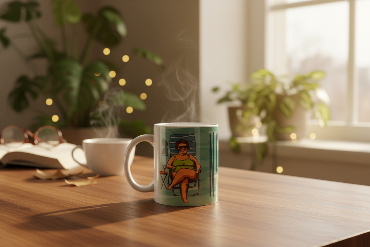 Taza en mesa de madera con ambiente cálido