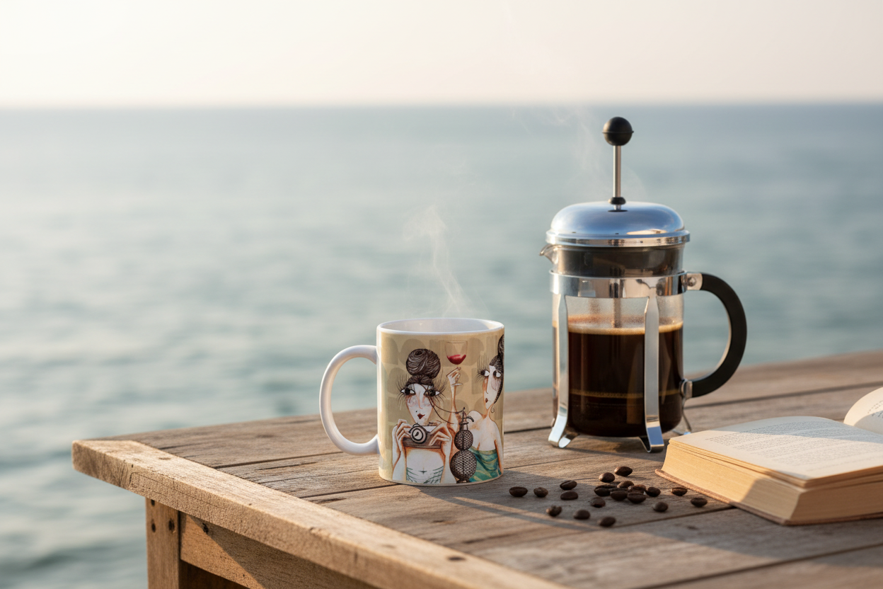 Taza ilustrada con cafetera y mar de fondo